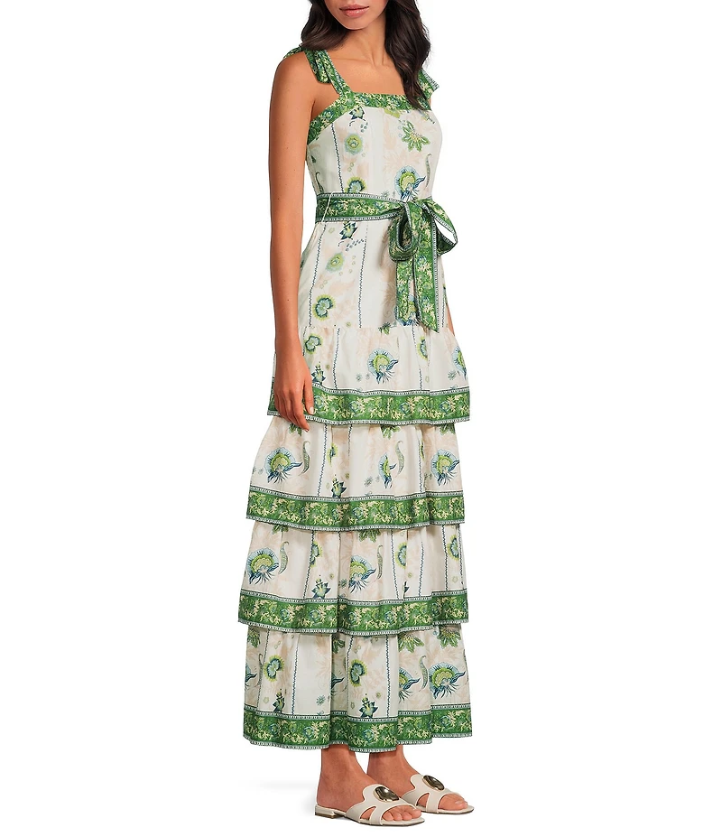 A Loves A Floral Pattern Square Neck Sleeveless Woven Belted Tiered Hem Maxi Dress