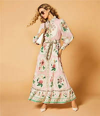 A Loves A Floral Print Collared Neck Long Balloon Sleeve A-Line Flounce Hem Button Front Maxi Dress