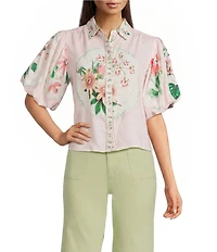 A Loves A Floral Print Linen Blend Collared Neck Short Bubble Sleeve Button Front Shirt