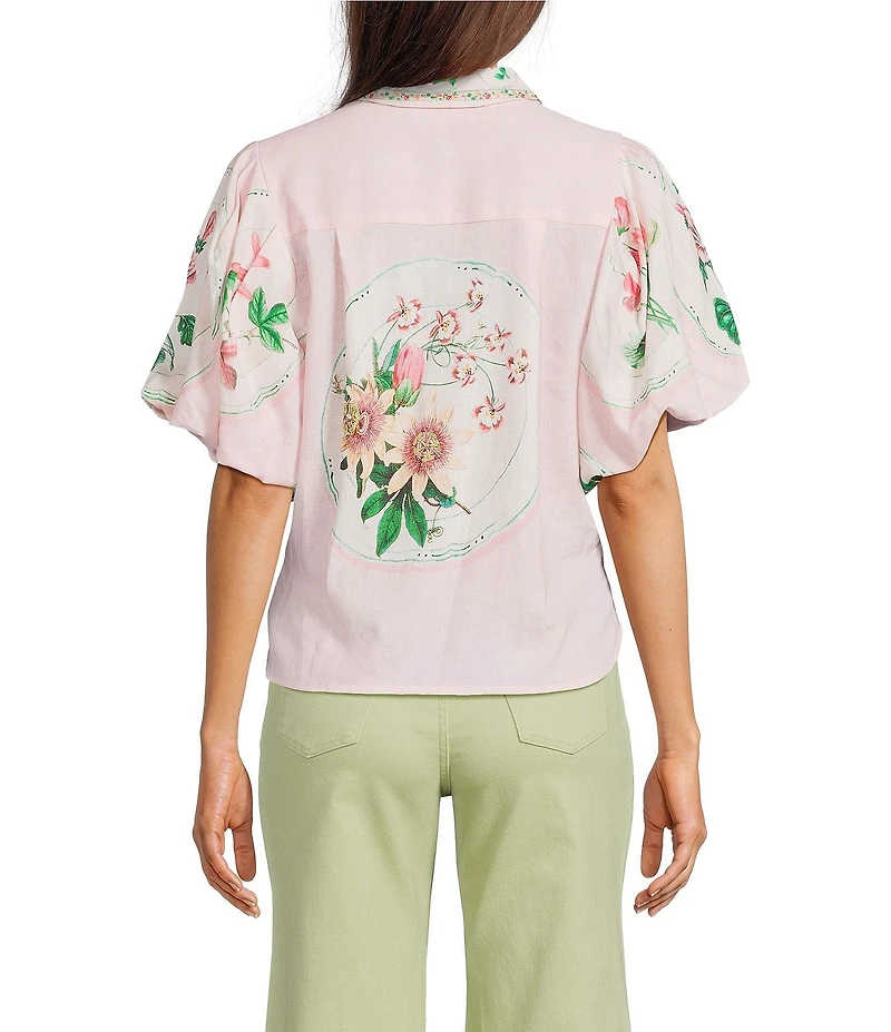 A Loves A Floral Print Linen Blend Collared Neck Short Bubble Sleeve Button Front Shirt