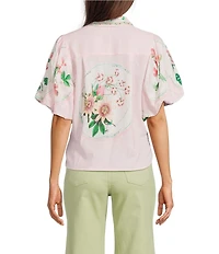 A Loves A Floral Print Linen Blend Collared Neck Short Bubble Sleeve Button Front Shirt