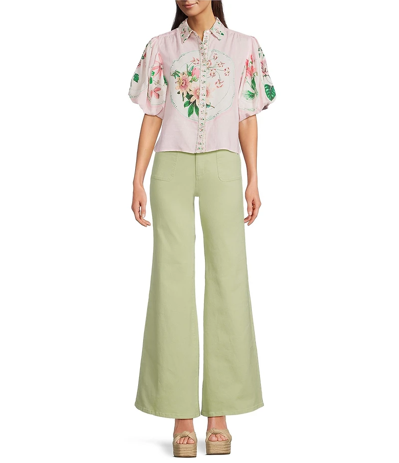 A Loves A Floral Print Linen Blend Collared Neck Short Bubble Sleeve Button Front Shirt