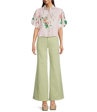 A Loves A Floral Print Linen Blend Collared Neck Short Bubble Sleeve Button Front Shirt