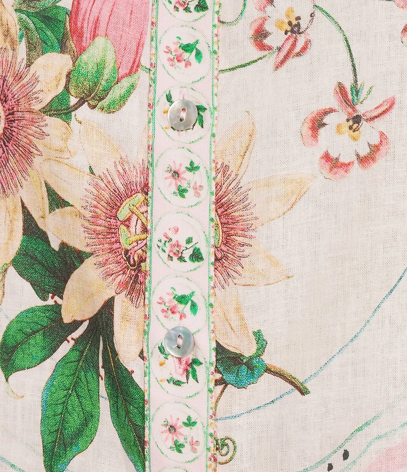 A Loves A Floral Print Linen Blend Collared Neck Short Bubble Sleeve Button Front Shirt