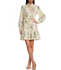 A Loves A Floral Print Linen Blend Round Tie Neck Long Sleeve Button Front Flounce Mini Dress