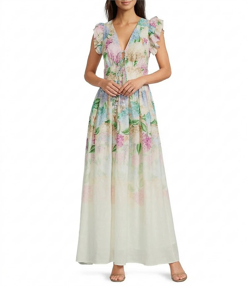 A Loves A Floral Print V-Neck Flutter Cap Sleeve A-Line Flounce Maxi Dress