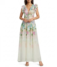 A Loves A Floral Print V-Neck Flutter Cap Sleeve A-Line Flounce Maxi Dress
