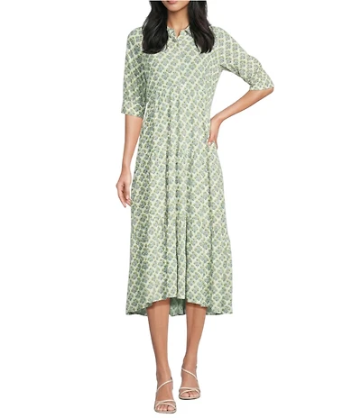 A Loves A Floral Print Woven Button Front Point Collar 3/4 Sleeve Tiered Midi Shirt Dress