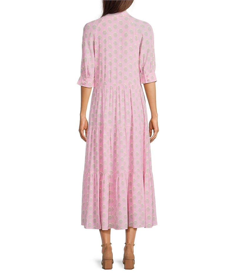 A Loves A Floral Print Woven Button Front Point Collar 3/4 Sleeve Tiered Midi Shirt Dress