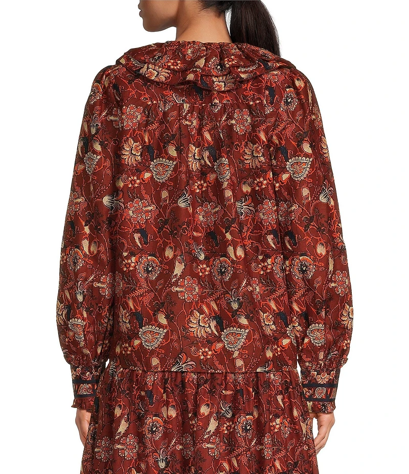 A Loves A Floral Print Woven Ruffled Platter Collar Long Balloon Sleeve Coordinating Button Front Blouse