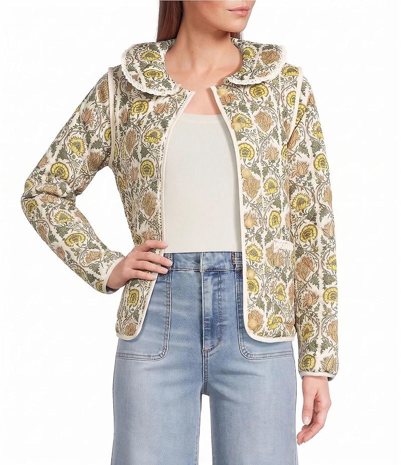 A Loves A Floral Printed Collared Scoop Neck Long Sleeve Reversible Quilted Jacket