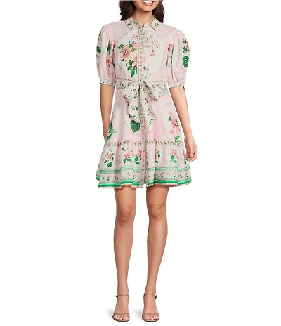 A Loves A Floral Printed Linen Point Collar Short Bubble Sleeve Button Front Tie Waist Mini Dress