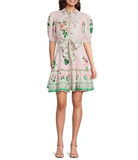 A Loves A Floral Printed Linen Point Collar Short Bubble Sleeve Button Front Tie Waist Mini Dress