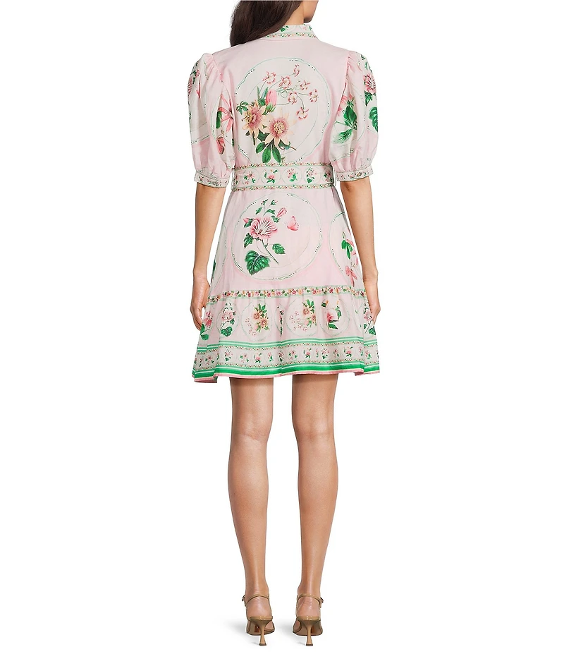A Loves A Floral Printed Linen Point Collar Short Bubble Sleeve Button Front Tie Waist Mini Dress