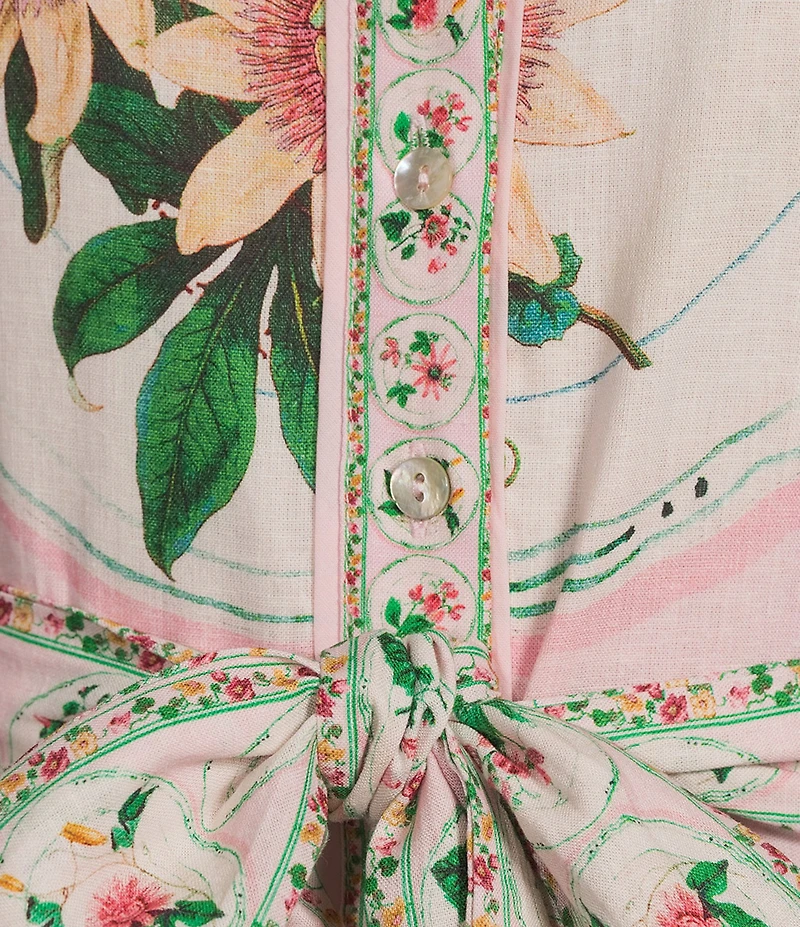 A Loves A Floral Printed Linen Point Collar Short Bubble Sleeve Button Front Tie Waist Mini Dress