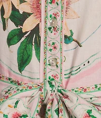 A Loves A Floral Printed Linen Point Collar Short Bubble Sleeve Button Front Tie Waist Mini Dress