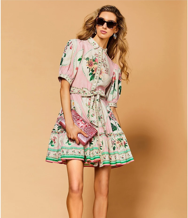 A Loves A Floral Printed Linen Point Collar Short Bubble Sleeve Button Front Tie Waist Mini Dress
