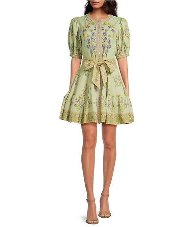A Loves A Floral Woven Linen Round Neck Short Bubble Sleeve Button Front Tie at Waist A-Line Flounce Mini Dress