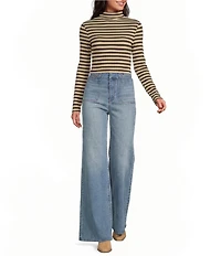 A Loves A Horizontal Stripe Print Stretch Knit Turtleneck Long Sleeve Tee