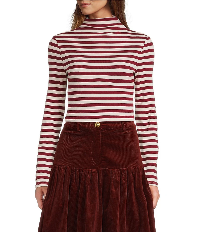 A Loves A Horizontal Stripe Print Stretch Knit Turtleneck Long Sleeve Tee