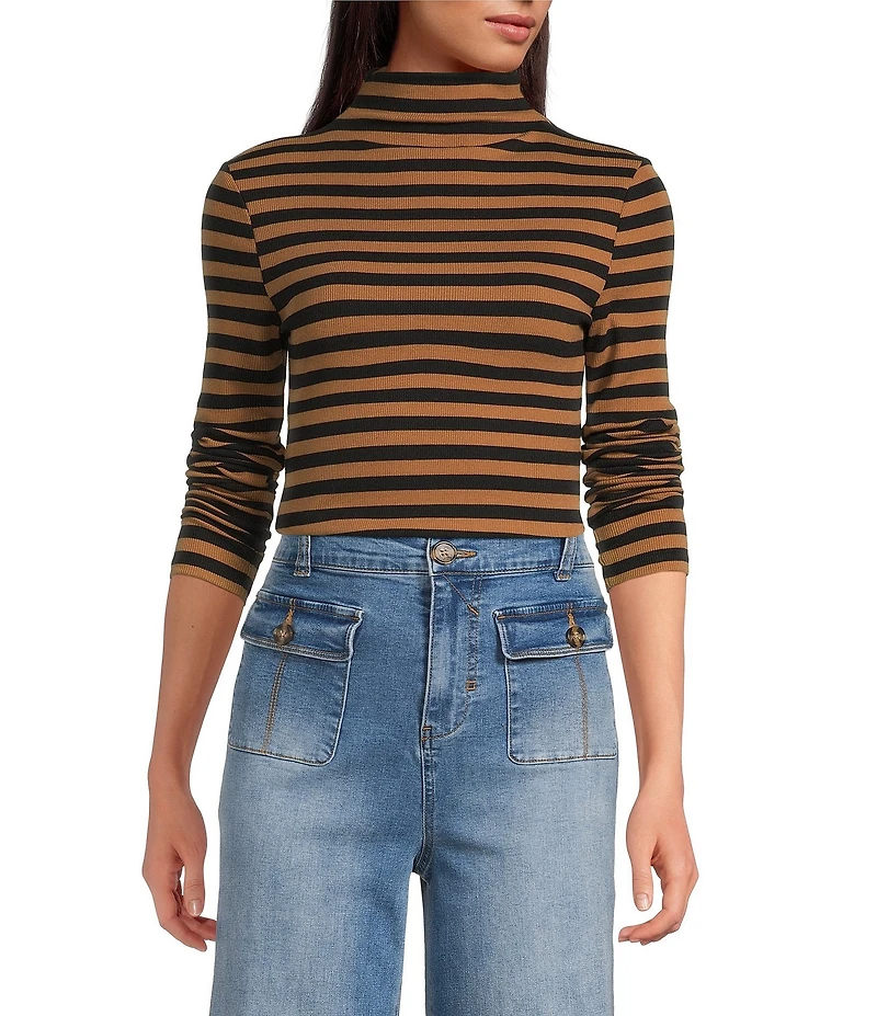 A Loves A Horizontal Stripe Print Stretch Knit Turtleneck Long Sleeve Tee