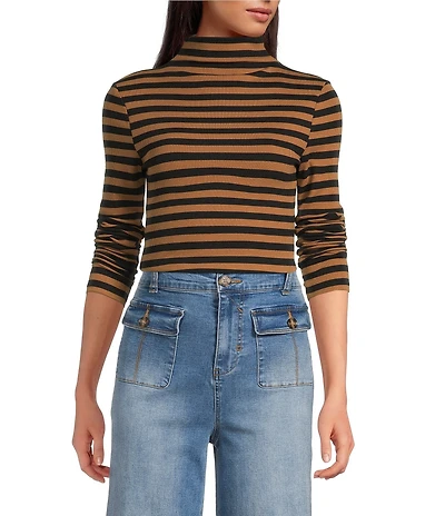 A Loves A Horizontal Stripe Print Stretch Knit Turtleneck Long Sleeve Tee