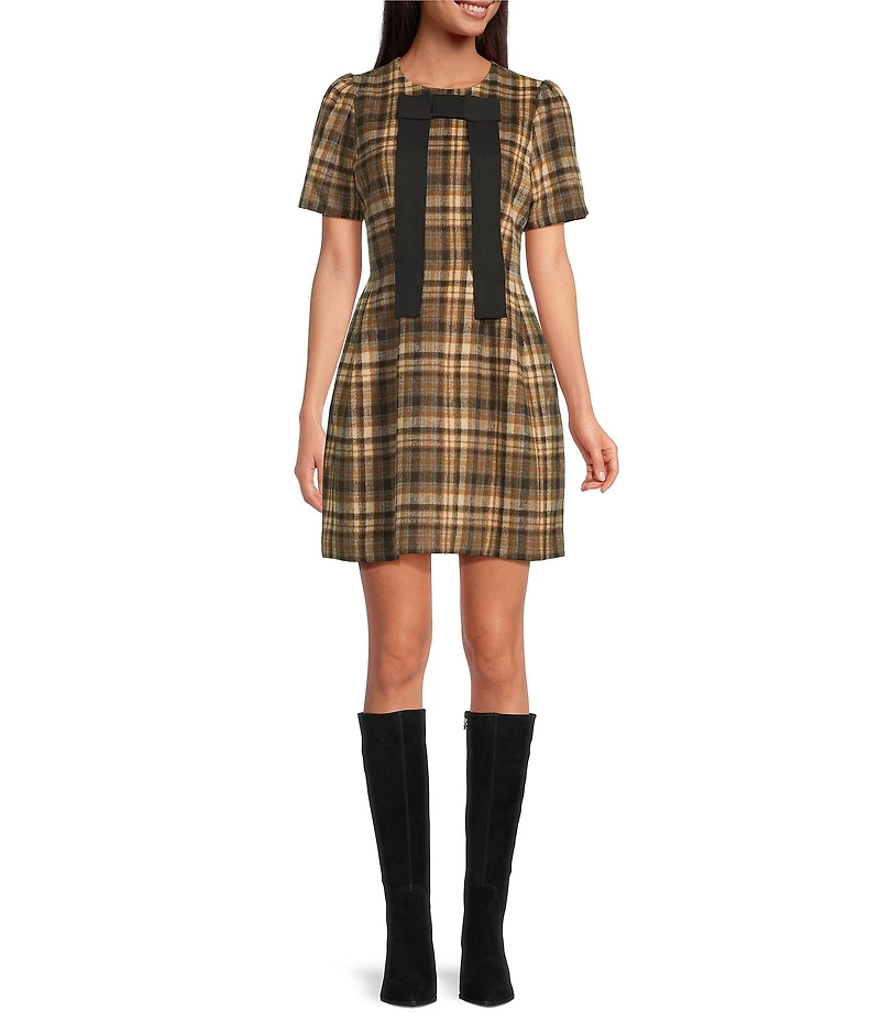 A Loves A Lantern Bow Plaid Crew Neck Short Sleeve Mini Dress