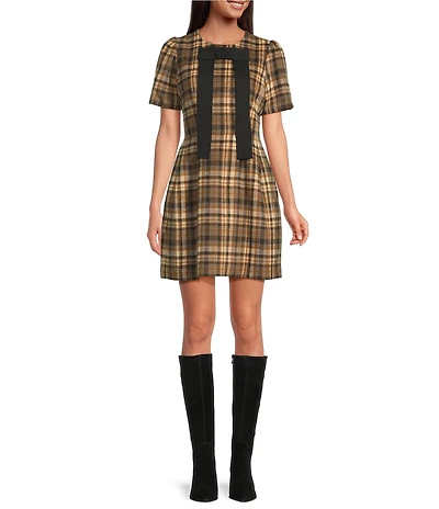 A Loves A Lantern Bow Plaid Crew Neck Short Sleeve Mini Dress
