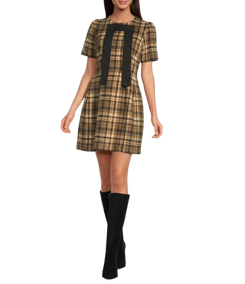 A Loves A Lantern Bow Plaid Crew Neck Short Sleeve Mini Dress