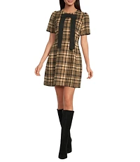 A Loves A Lantern Bow Plaid Crew Neck Short Sleeve Mini Dress