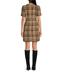 A Loves A Lantern Bow Plaid Crew Neck Short Sleeve Mini Dress