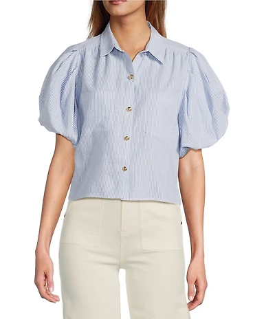 A Loves A Linen Stripe Point Collar Short Bubble Sleeve Button Front Shirt