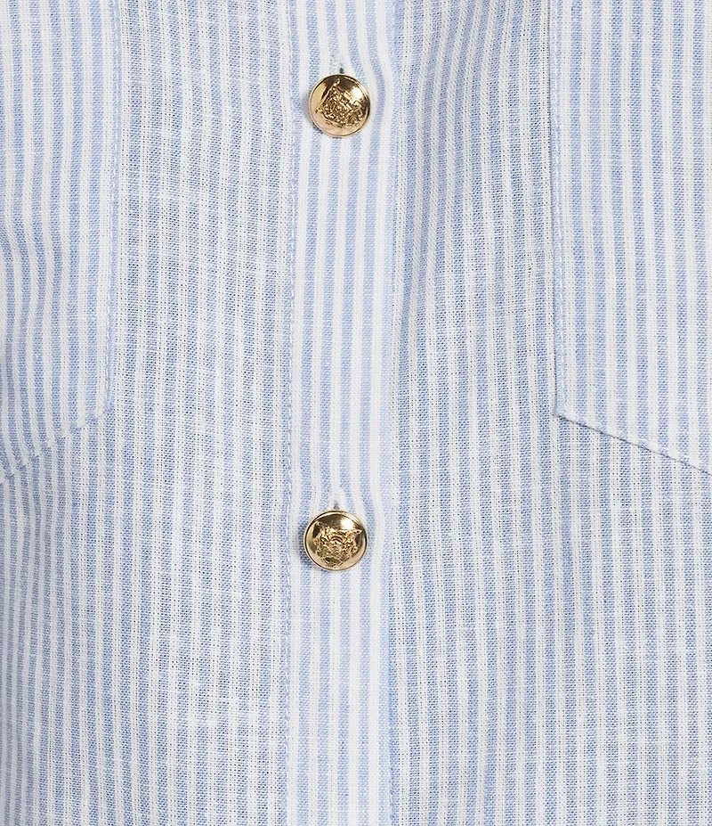 A Loves A Linen Stripe Point Collar Short Bubble Sleeve Button Front Shirt