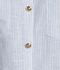 A Loves A Linen Stripe Point Collar Short Bubble Sleeve Button Front Shirt