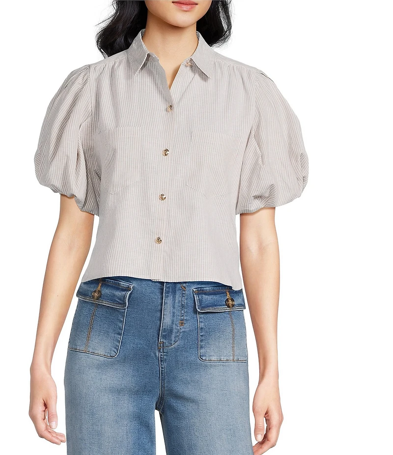 A Loves A Linen Stripe Point Collar Short Bubble Sleeve Button Front Shirt