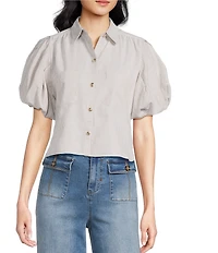 A Loves A Linen Stripe Point Collar Short Bubble Sleeve Button Front Shirt