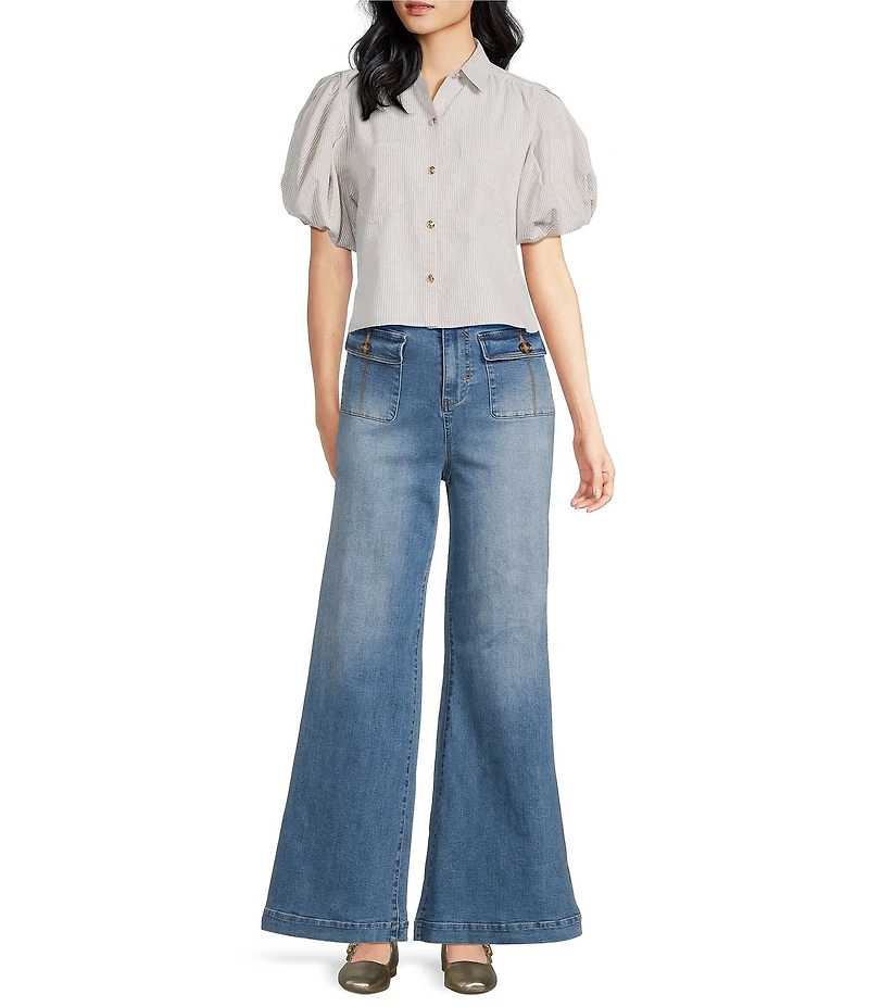 A Loves A Linen Stripe Point Collar Short Bubble Sleeve Button Front Shirt