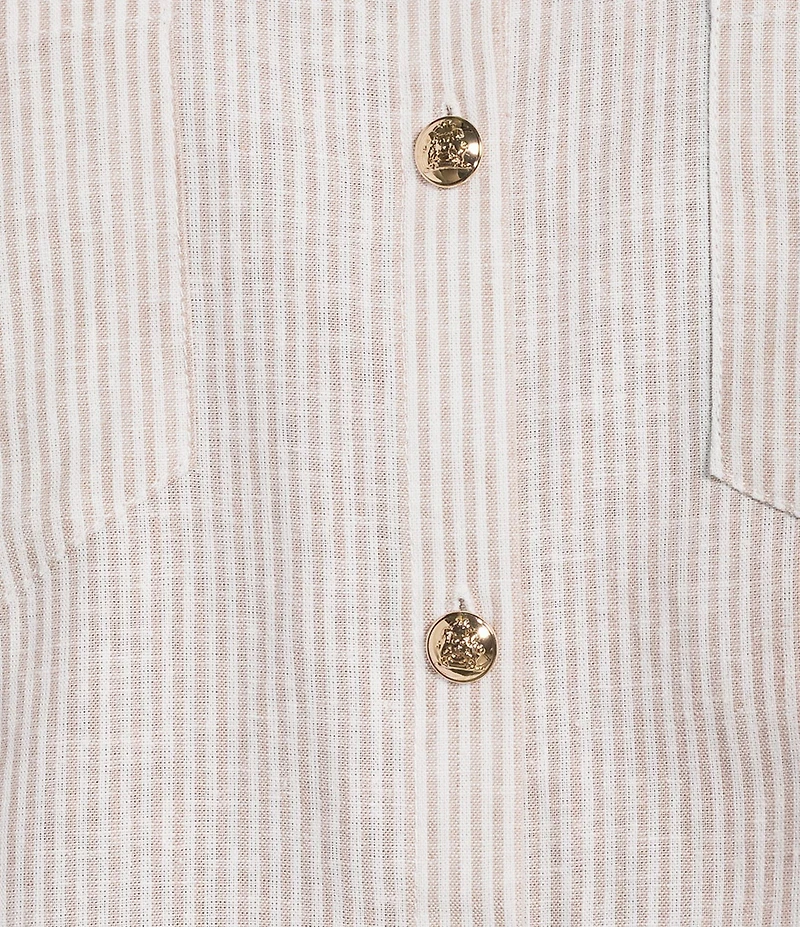A Loves A Linen Stripe Point Collar Short Bubble Sleeve Button Front Shirt