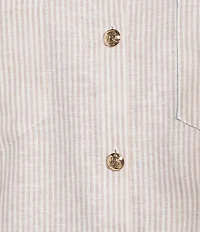 A Loves A Linen Stripe Point Collar Short Bubble Sleeve Button Front Shirt