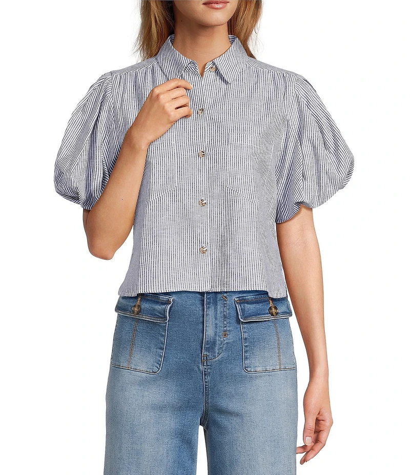 A Loves A Linen Stripe Point Collar Short Bubble Sleeve Button Front Shirt