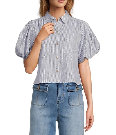 A Loves A Linen Stripe Point Collar Short Bubble Sleeve Button Front Shirt