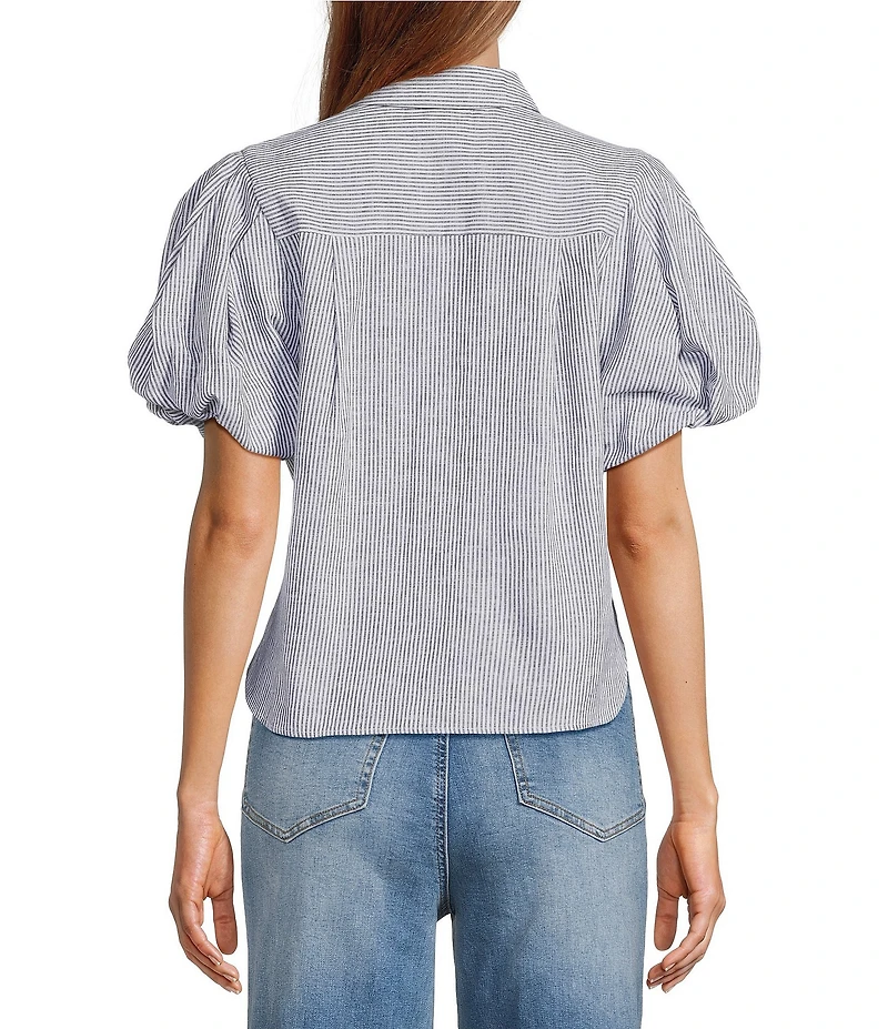 A Loves A Linen Stripe Point Collar Short Bubble Sleeve Button Front Shirt