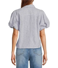 A Loves A Linen Stripe Point Collar Short Bubble Sleeve Button Front Shirt