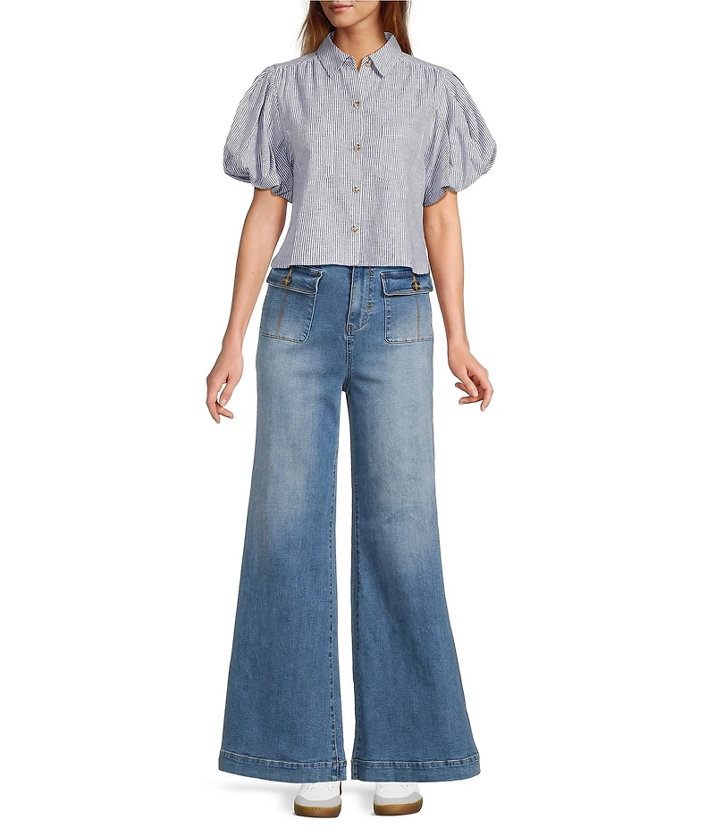 A Loves A Linen Stripe Point Collar Short Bubble Sleeve Button Front Shirt