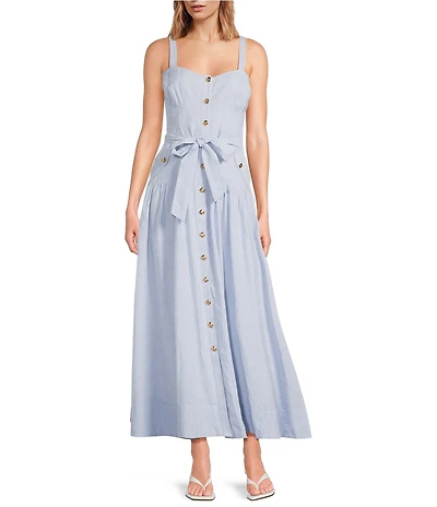 A Loves A Linen Stripe Sweetheart Neck Tank Strap Button Front Tie Drop Waist Flounce A-Line Maxi Dress