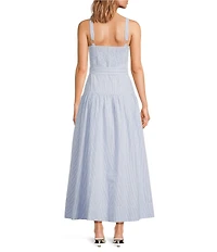 A Loves A Linen Stripe Sweetheart Neck Tank Strap Button Front Tie Drop Waist Flounce A-Line Maxi Dress