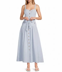 A Loves A Linen Stripe Sweetheart Neck Tank Strap Button Front Tie Drop Waist Flounce A-Line Maxi Dress