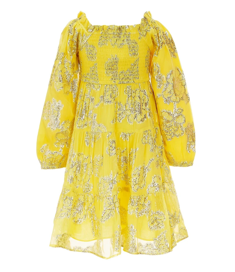A Loves A Little Girls Long Sleeve Tiered Floral Lurex Midi Dress