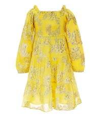 A Loves A Little Girls Long Sleeve Tiered Floral Lurex Midi Dress