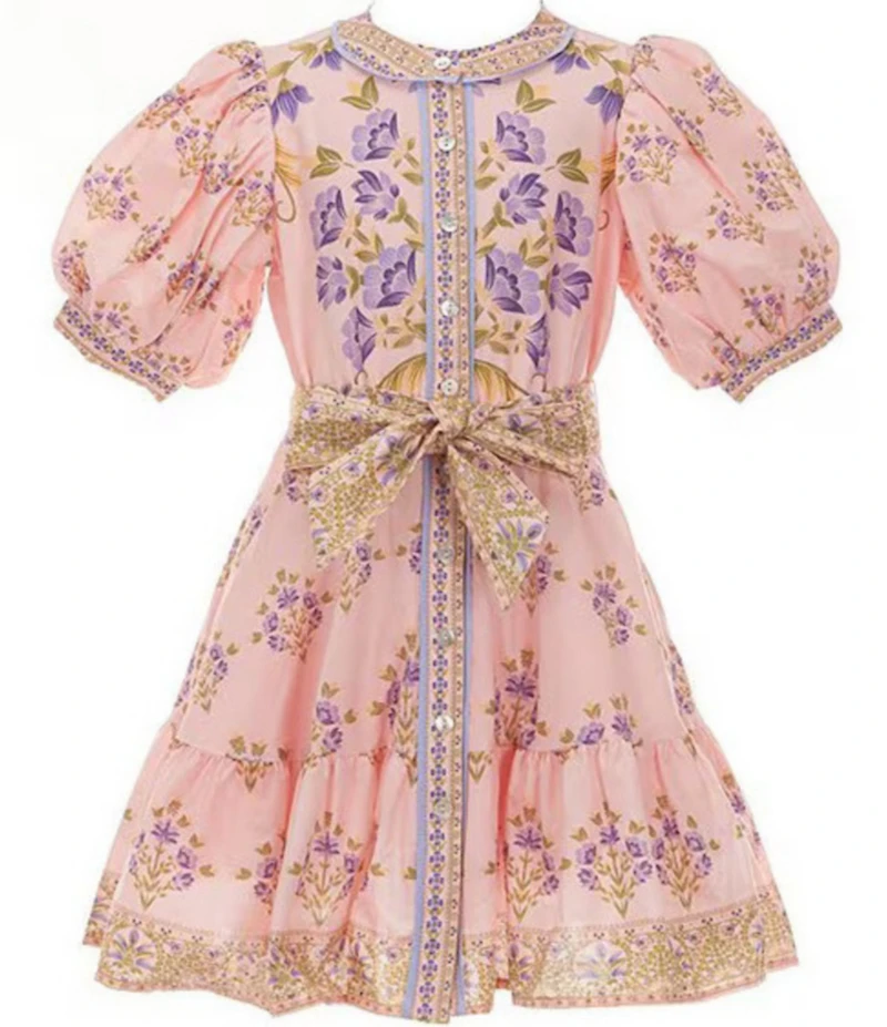 A Loves A Little Girls Bubble Sleeve Floral Tie Front Dress